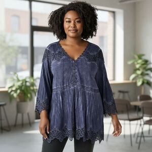 Soft Surroundings Midnight Blue Tunic Top Viscose Lace Elegant Lace Trimmed 3X